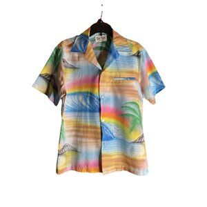 VTG Kai Nani Shirt Mens L Hawaiian Beach Floral Ocean Beautiful Pattern